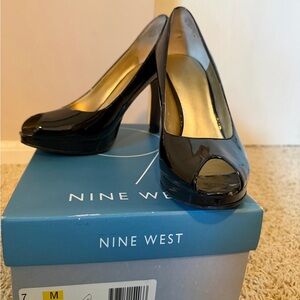Nine West Glossy Black Peep Toe Heels